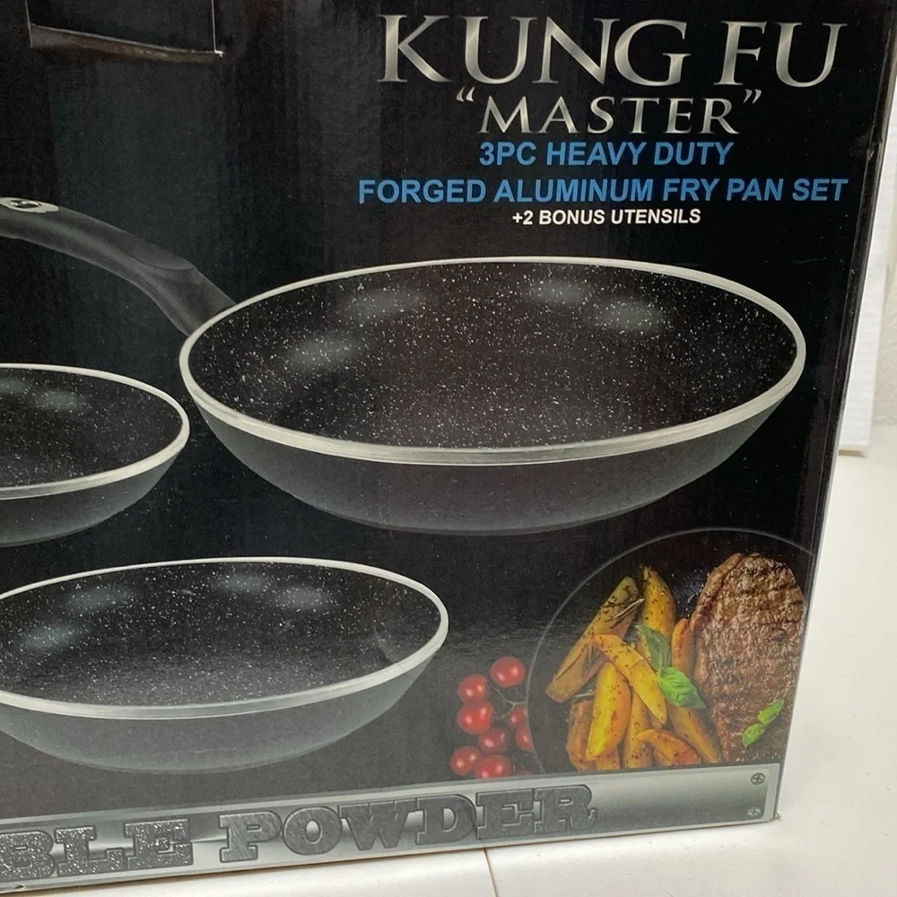 $99 NEW! Heavy Duty Forged Aluminum Fry Pan 3 Piece Set + 2 Bonus Utensils